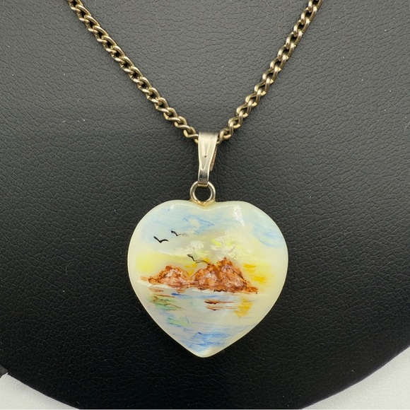 Artisan Handpainted Moonstone Heart Pendant Necklace - Picture 1 of 10